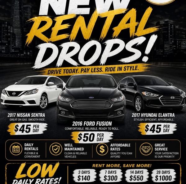 Car rental ad featuring Nissan Sentra, Ford Fusion, and Hyundai Elantra at low daily rates.