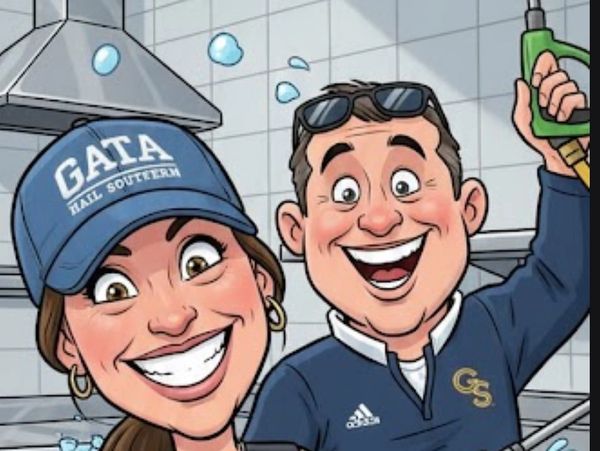 Cartoon of a smiling man and woman holding water spray guns in a kitchen.