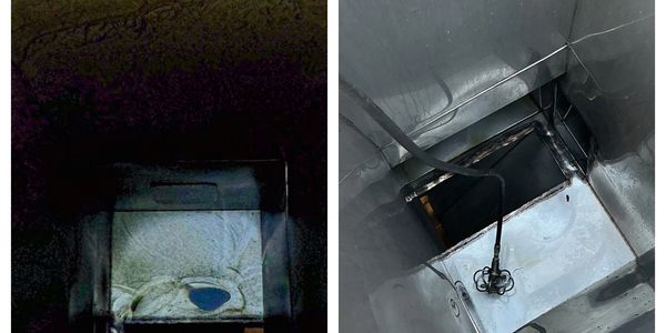 Two views inside a metal duct with a sensor and cables.