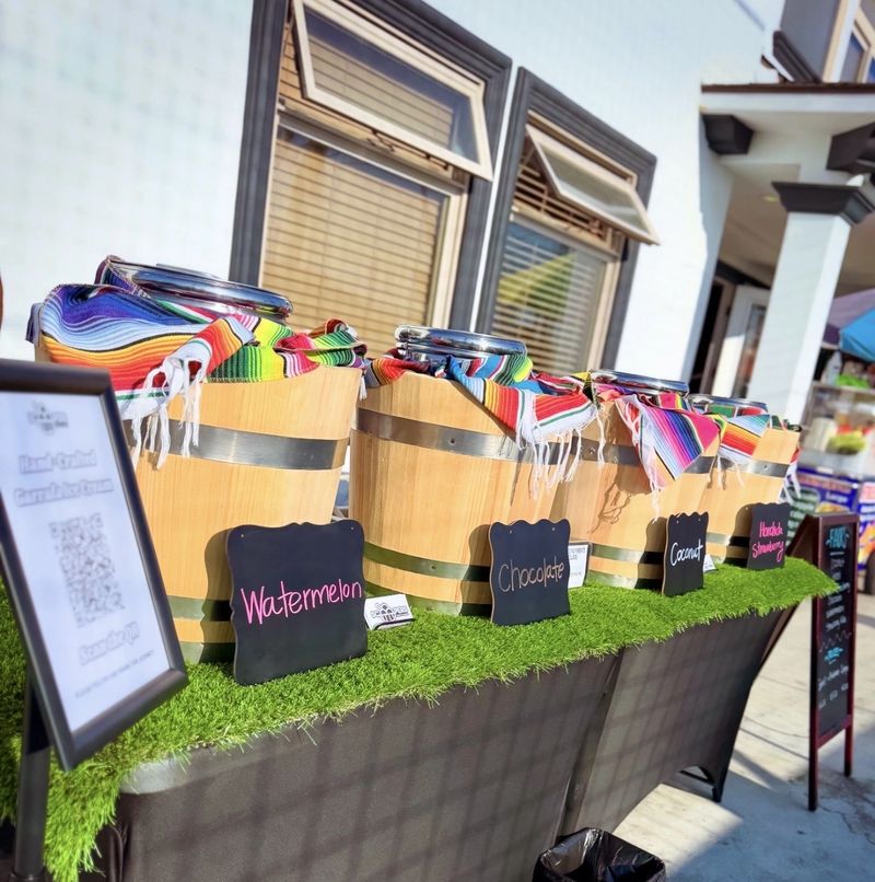 Scoop & Barrel ice cream catering setup in Torrance CA featuring traditional garrafa barrel display for pop-ups and private events