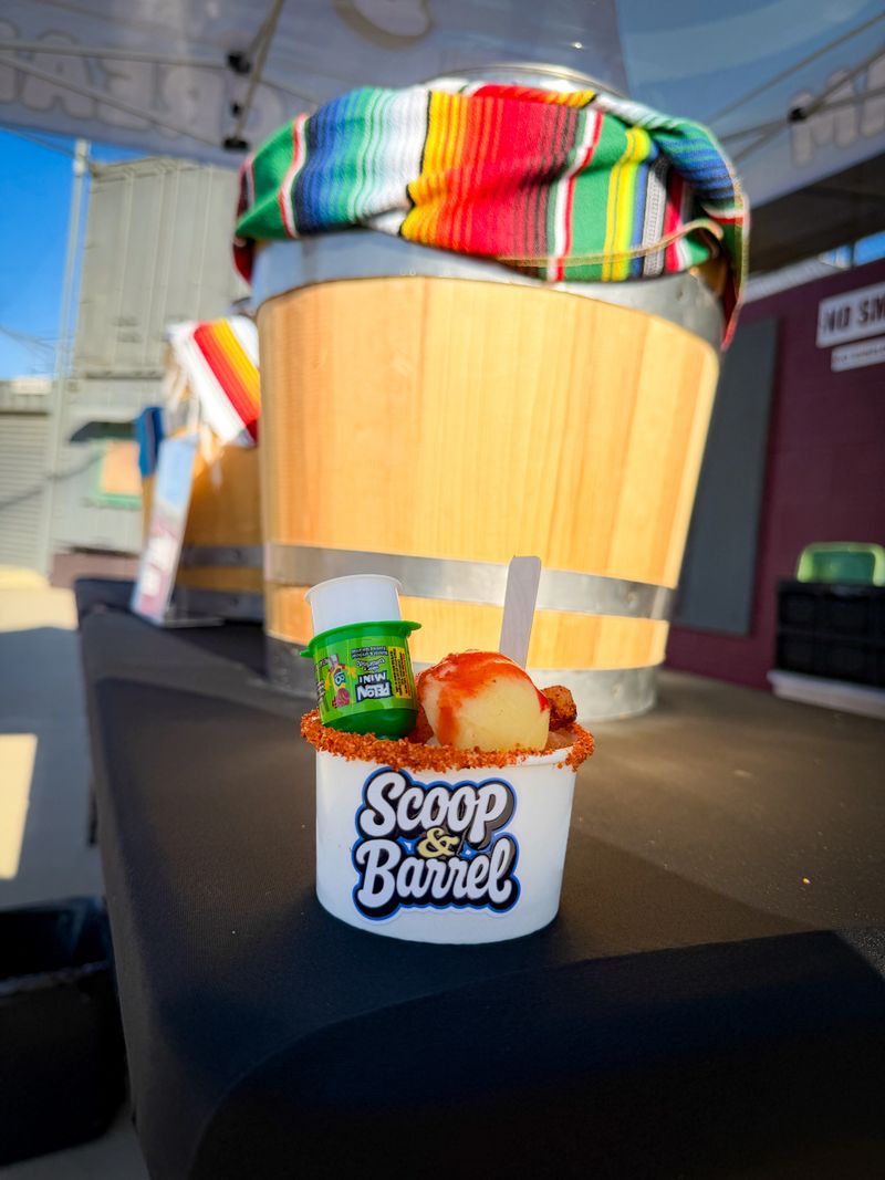 Scoop & Barrel Mexican-style artisan ice cream with chamoy and tajin in Torrance CA – unique dairy-free and lactose-free dessert served at pop-up events