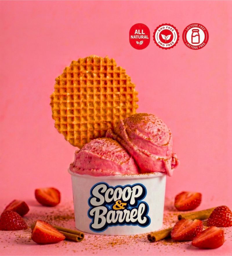 Strawberry artisan ice cream with waffle cone – dairy-free and lactose-free ice cream in Torrance by Scoop & Barrel