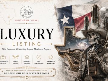 Luxury real estate listing advertisement with Texas-themed skeleton cowboy.