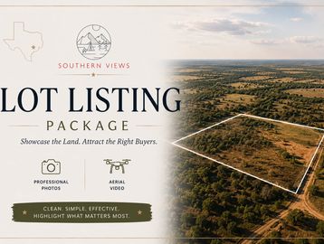 Real estate listing package advertisement with aerial land photo and service icons.