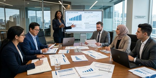 Business team engaged in a presentation with charts and laptops in a modern office.