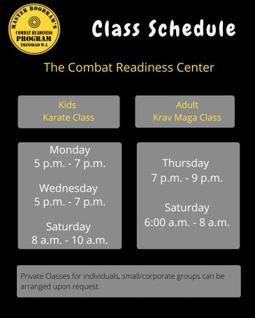 Combat Readiness Center class schedule for Kids Karate and Adult Krav Maga.