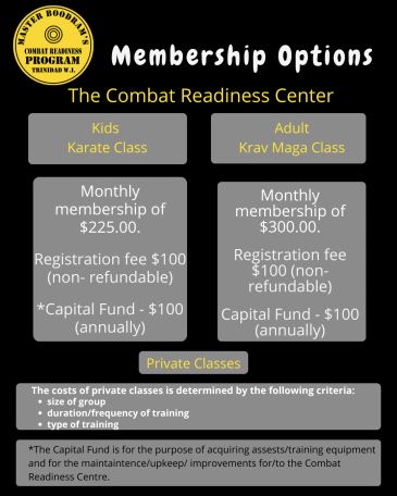 Membership options for combat readiness classes for kids and adults.