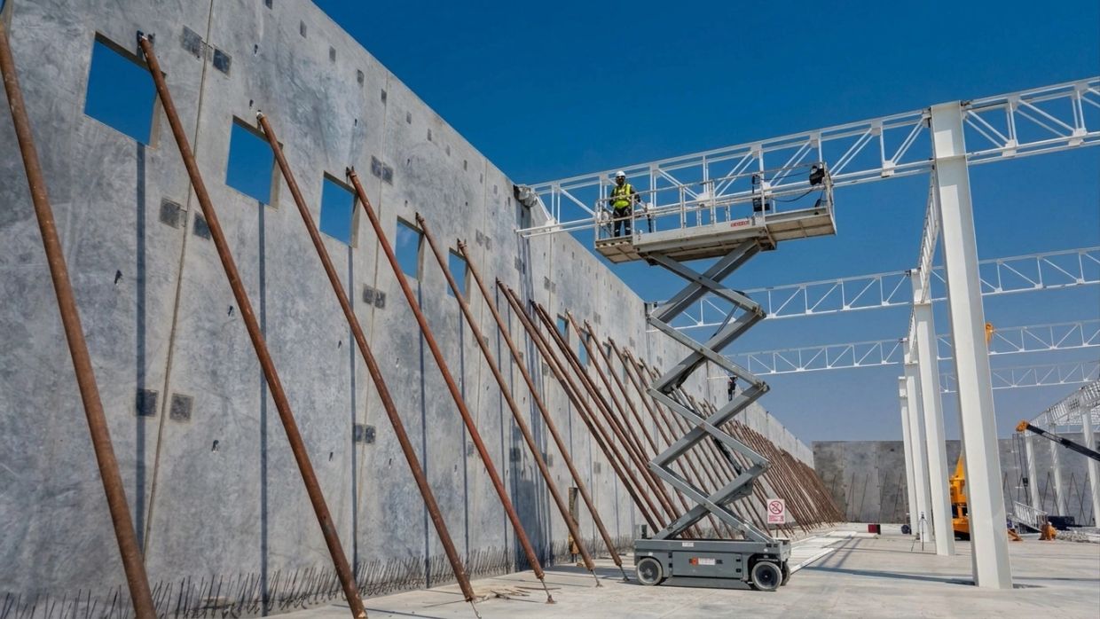 Trabajador en plataforma elevadora inspecciona estructura de construcción.