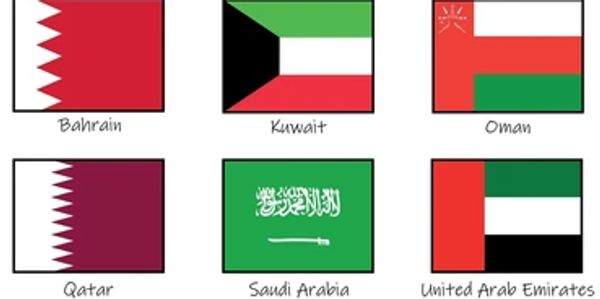 Flags of six Gulf countries with their names below each flag.