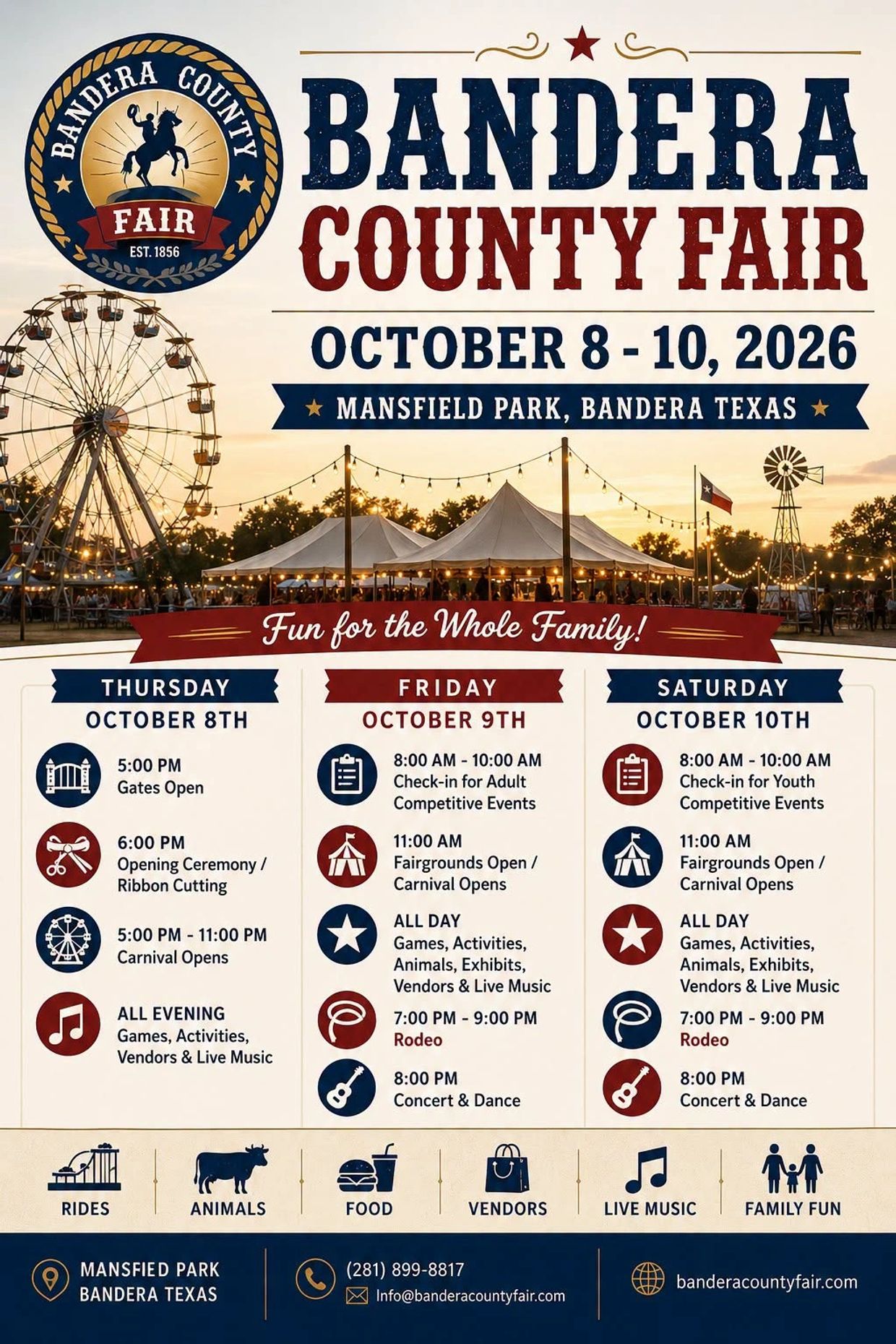 Bandera County Fair event poster with dates and activities.