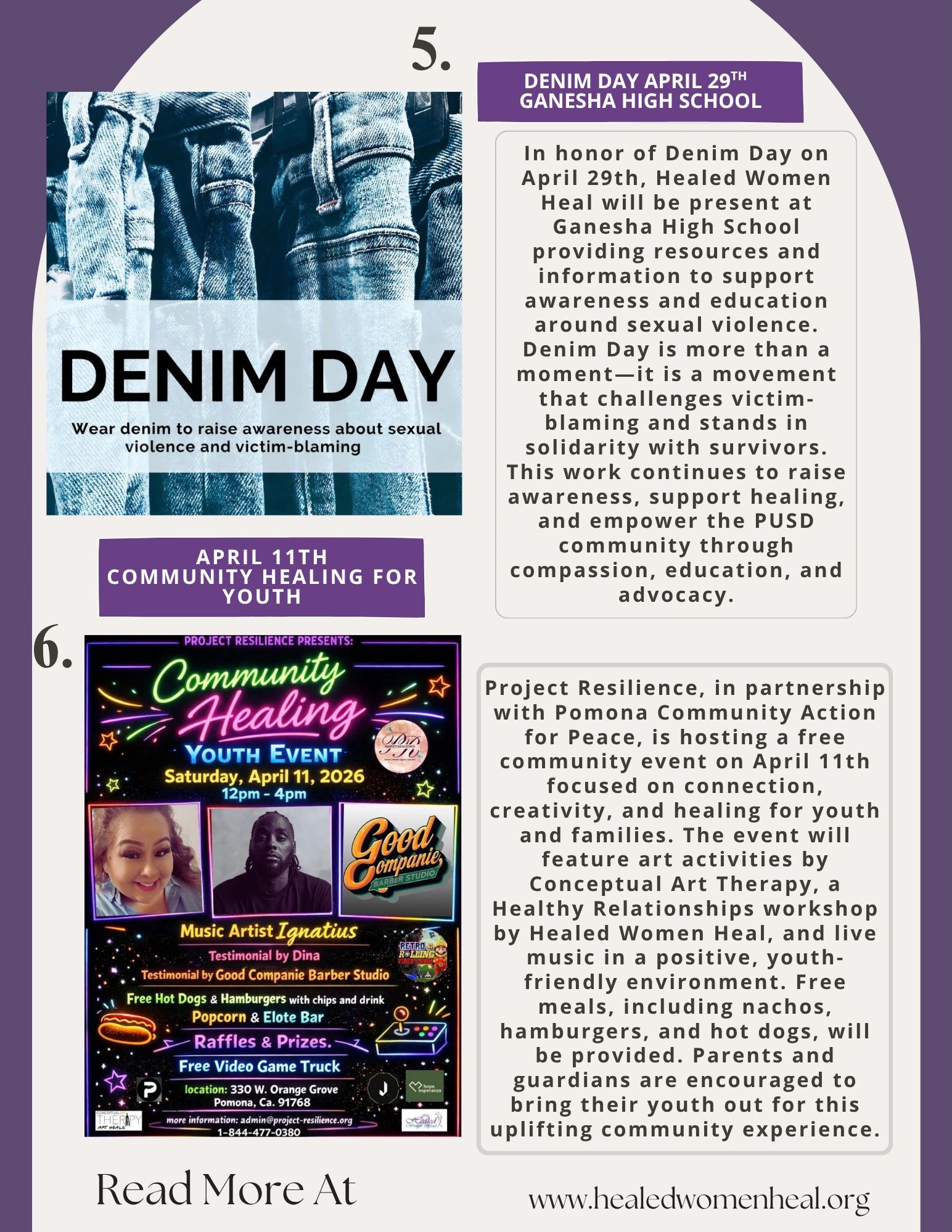 Events promoting awareness and healing around sexual violence and youth support.