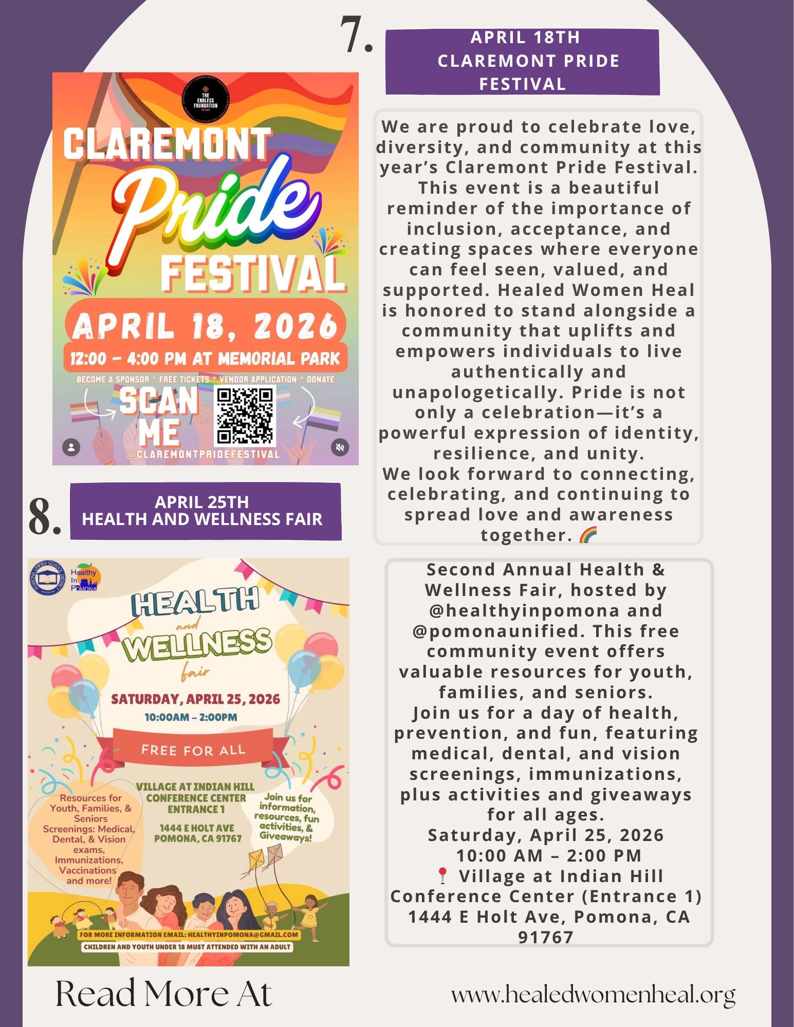 Promotional flyer for Claremont Pride Festival and Health &amp; Wellness Fair in Pomona, April 2026.