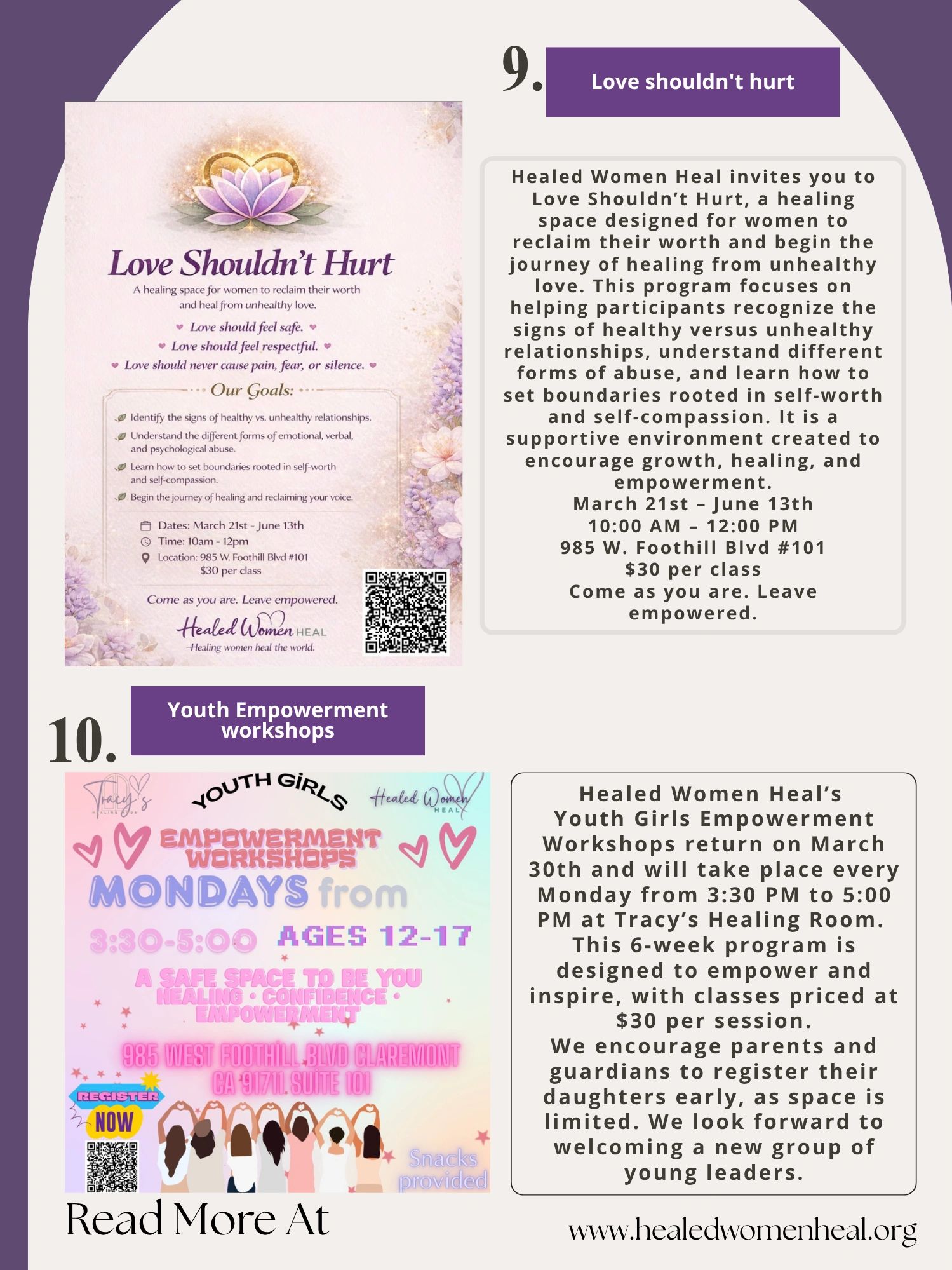 Flyers for women's healing and youth empowerment workshops by Healed Women Heal.