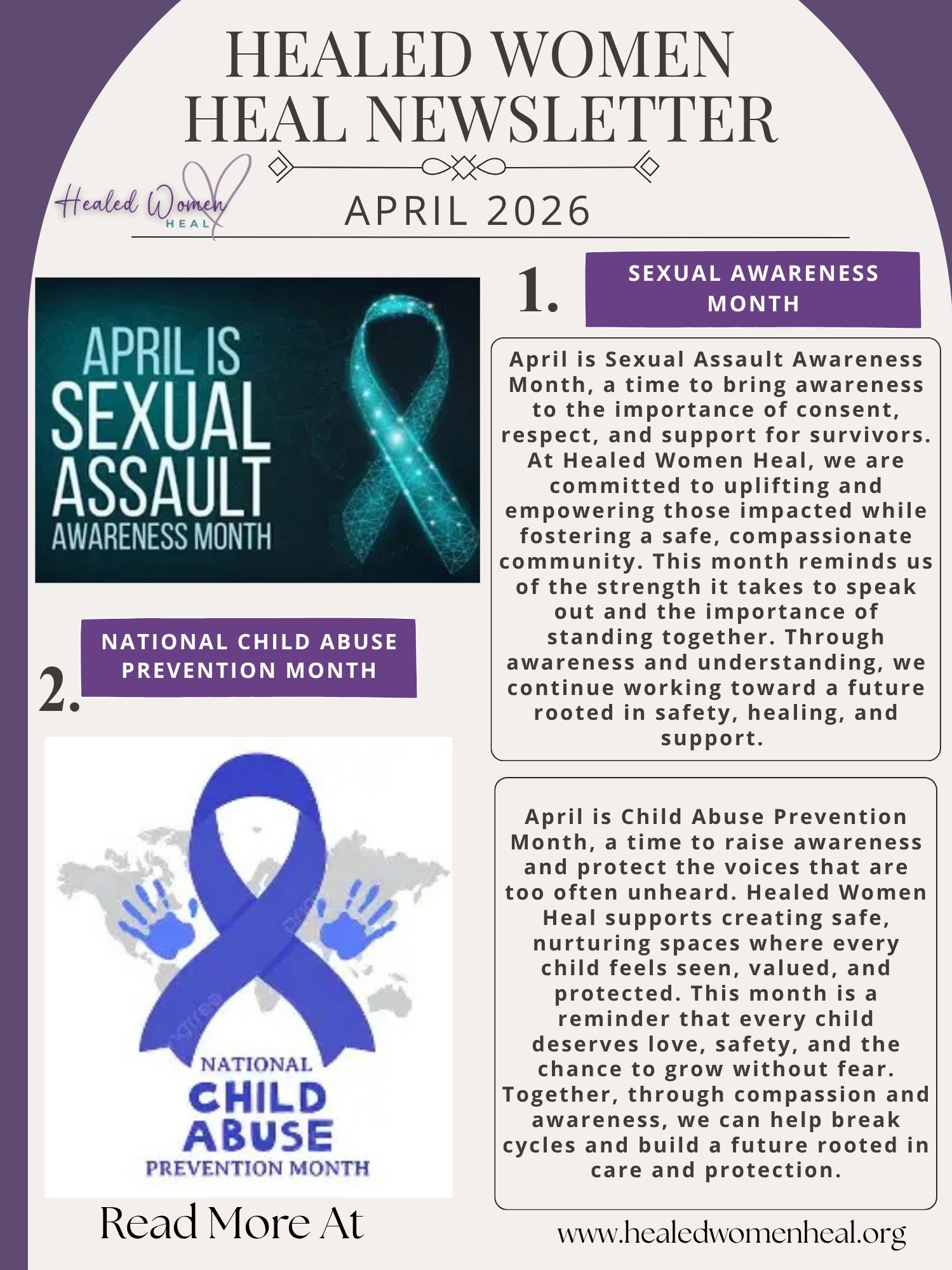 April newsletter highlighting Sexual Assault Awareness and Child Abuse Prevention months.