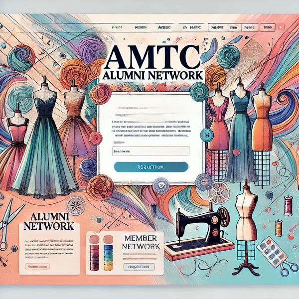 Artistic fashion-themed webpage for AMTC Alumni Network with dresses and sewing elements.