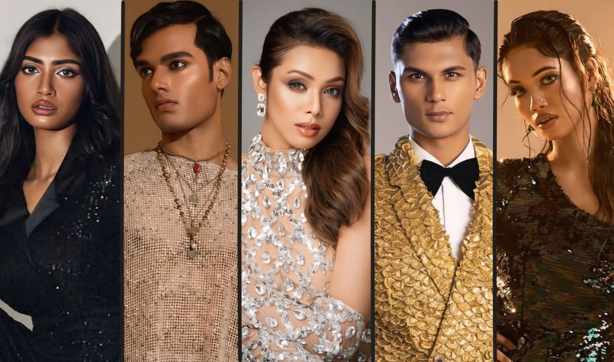 Five models posing in glamorous and textured outfits with polished looks.