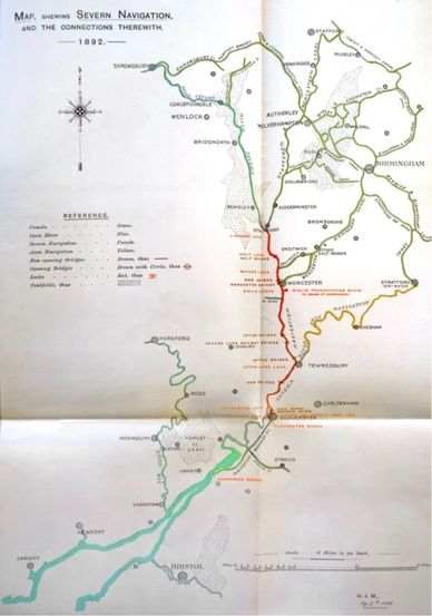 1892 map showing Severn Navigation and its connections across towns and rivers.