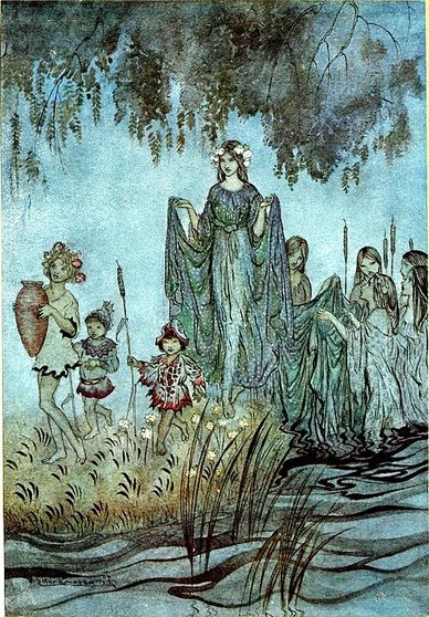 Illustration of fairy-like figures by a river under hanging tree branches.