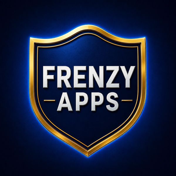 Gold-edged shield with 'FRENZY APPS' text.
