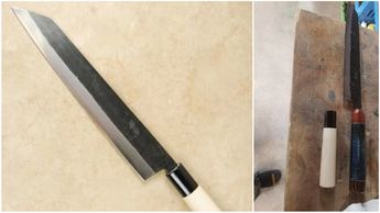YOSHIMITSU FUGEN WHITE #1 KIRITSUKE 210MM before and after, rehandled with indigo dyed figured maple and red sandalwood handle 