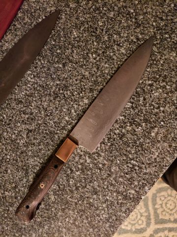 Bocote Hand Forged Damascus Chef Knife with Aged Bronze Bolster