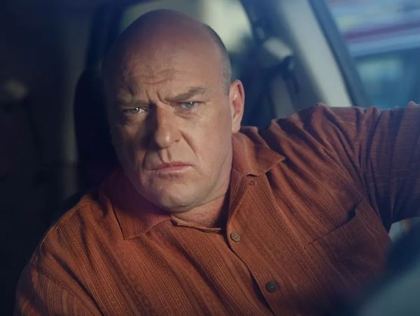 Serious man in a brown shirt sitting in a car.