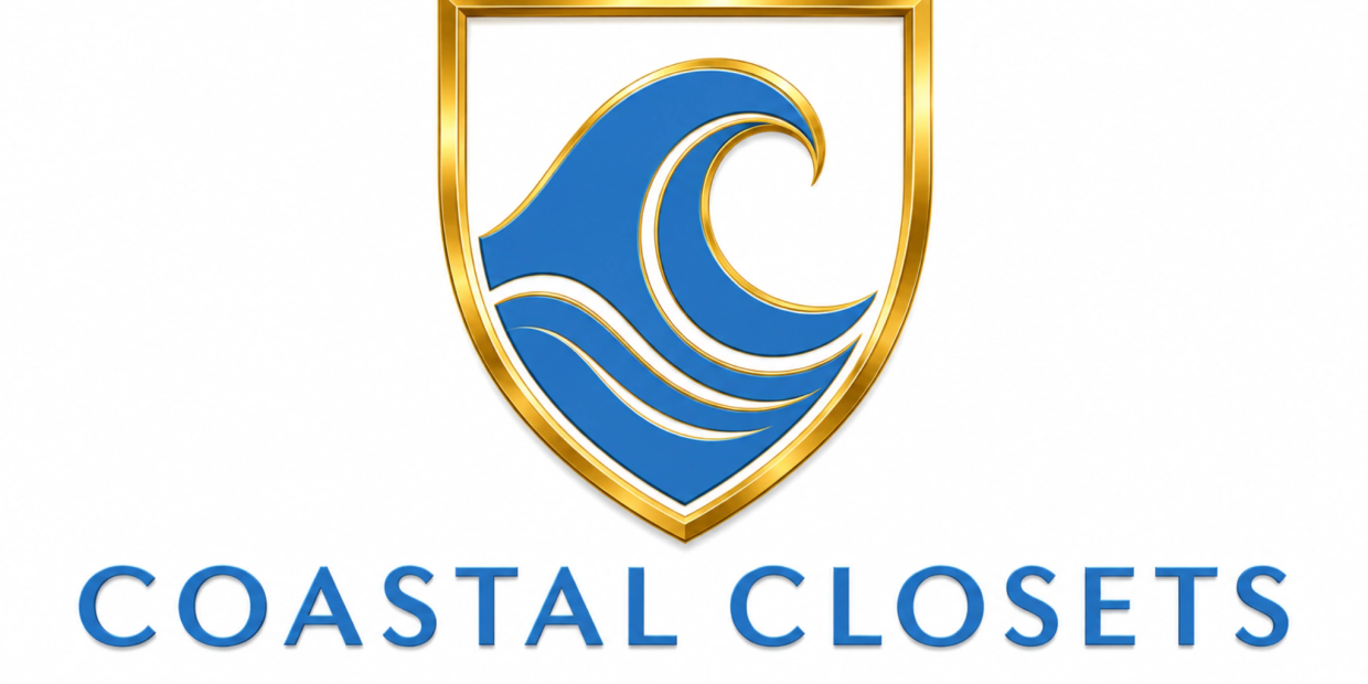 Logo with a blue wave and gold shield, text 'Coastal Closets'.