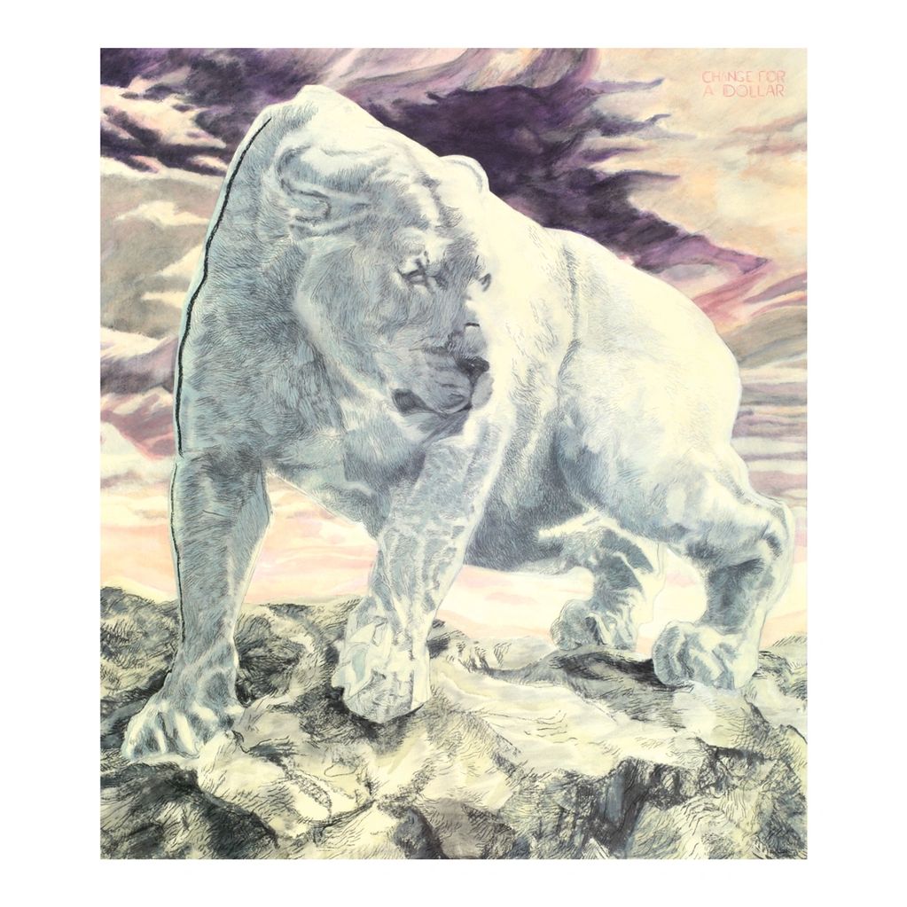 Lion standing on rocks in front of storm clouds and a sunrise or sunset