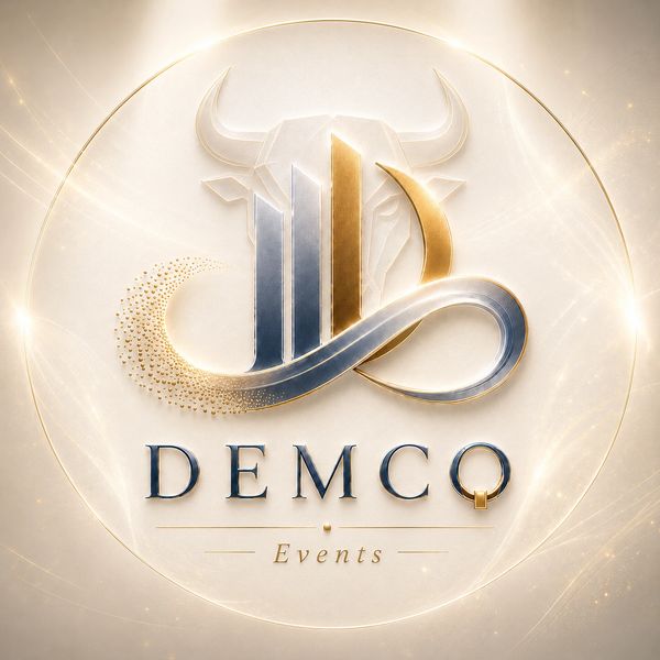 Elegant gold and silver logo for DEMCO Events with a bull silhouette.