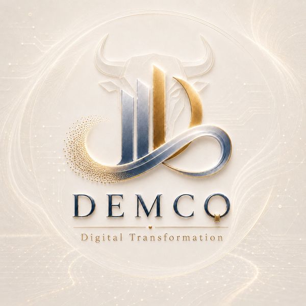 Elegant DEMCO logo symbolizing digital transformation with bull and infinity elements.