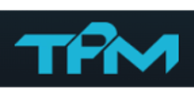 Logo showing the letters TPM in blue on a black background.