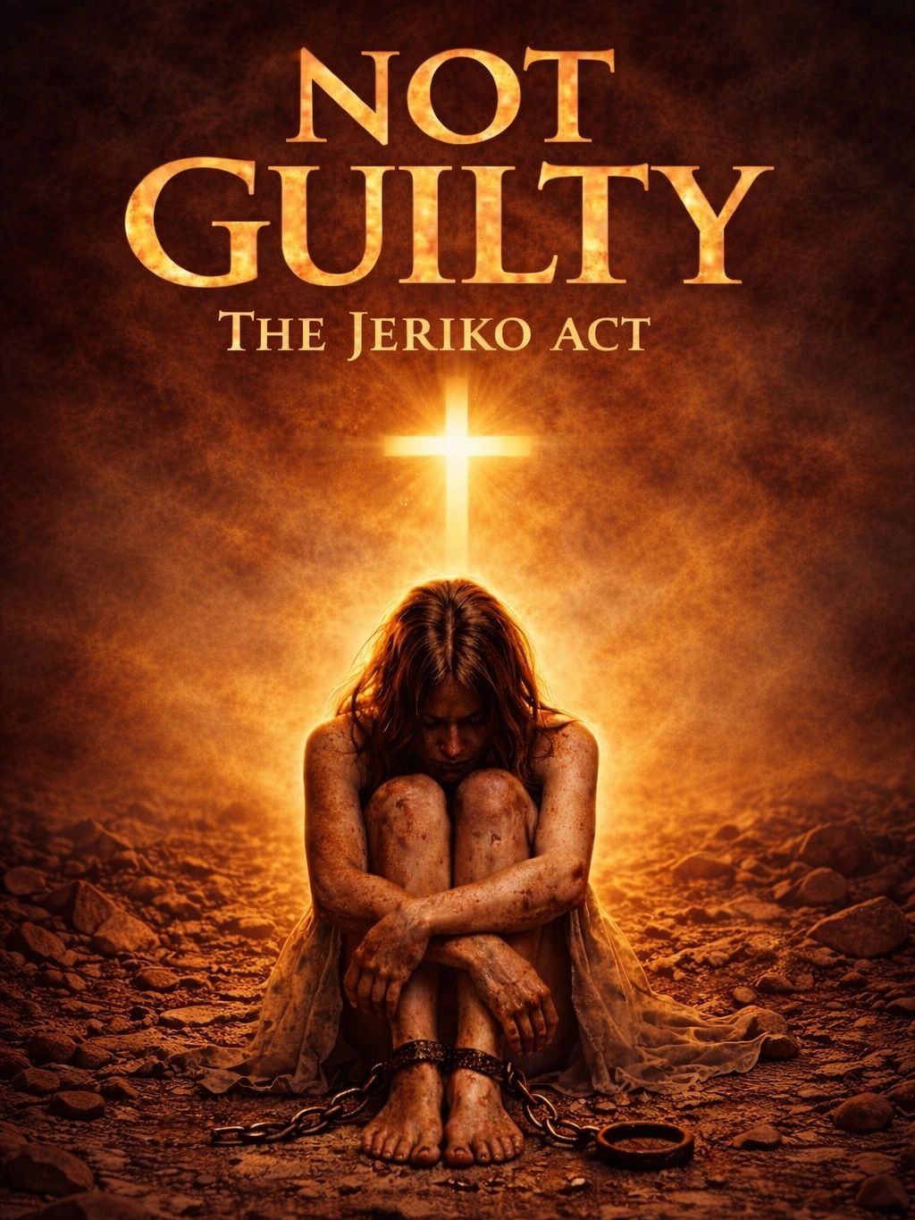 A chained woman sits on rocky ground with a glowing cross behind her, titled 'Not Guilty: The Jeriko Act'.