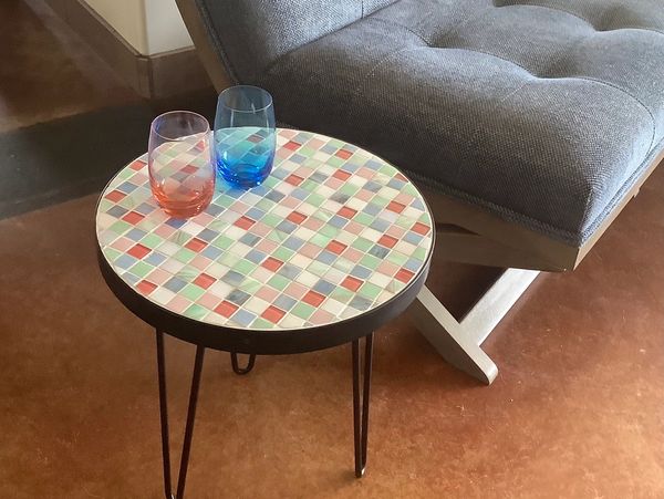 This pretty little mosaic table is 15” and would be perfect for the patio! Trendy hairpin legs are r