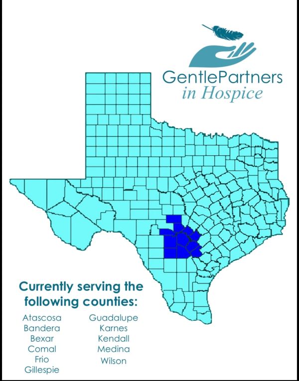 Map of Texas counties served by GentlePartners in Hospice.