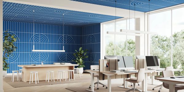 Modern office space with blue geometric wall and natural light.