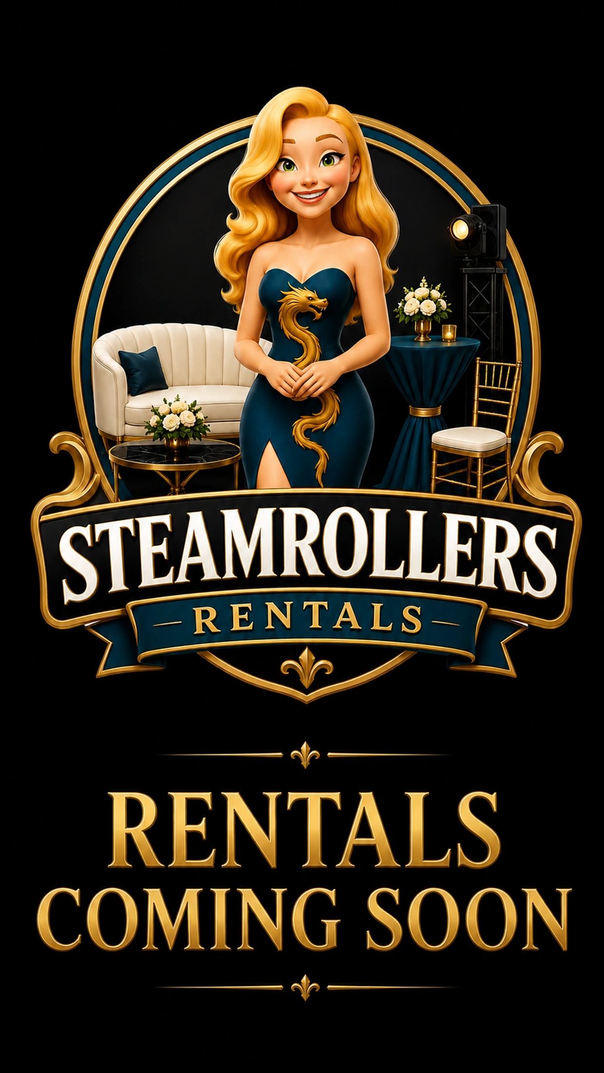 Logo of Steamrollers Rentals with a stylish woman and event setup.