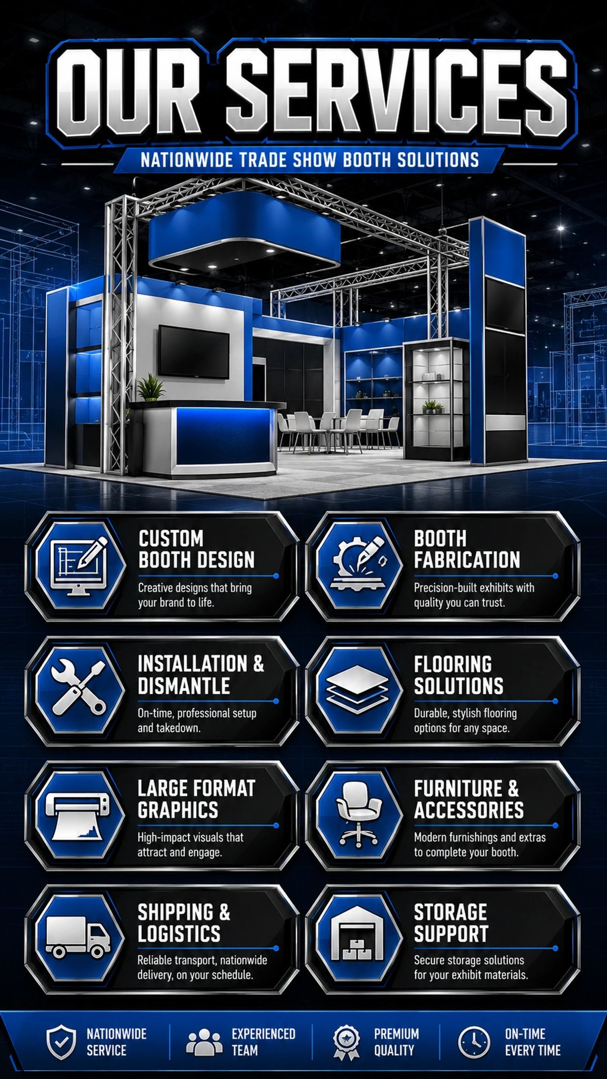 Trade show booth services including design, fabrication, setup, and more.