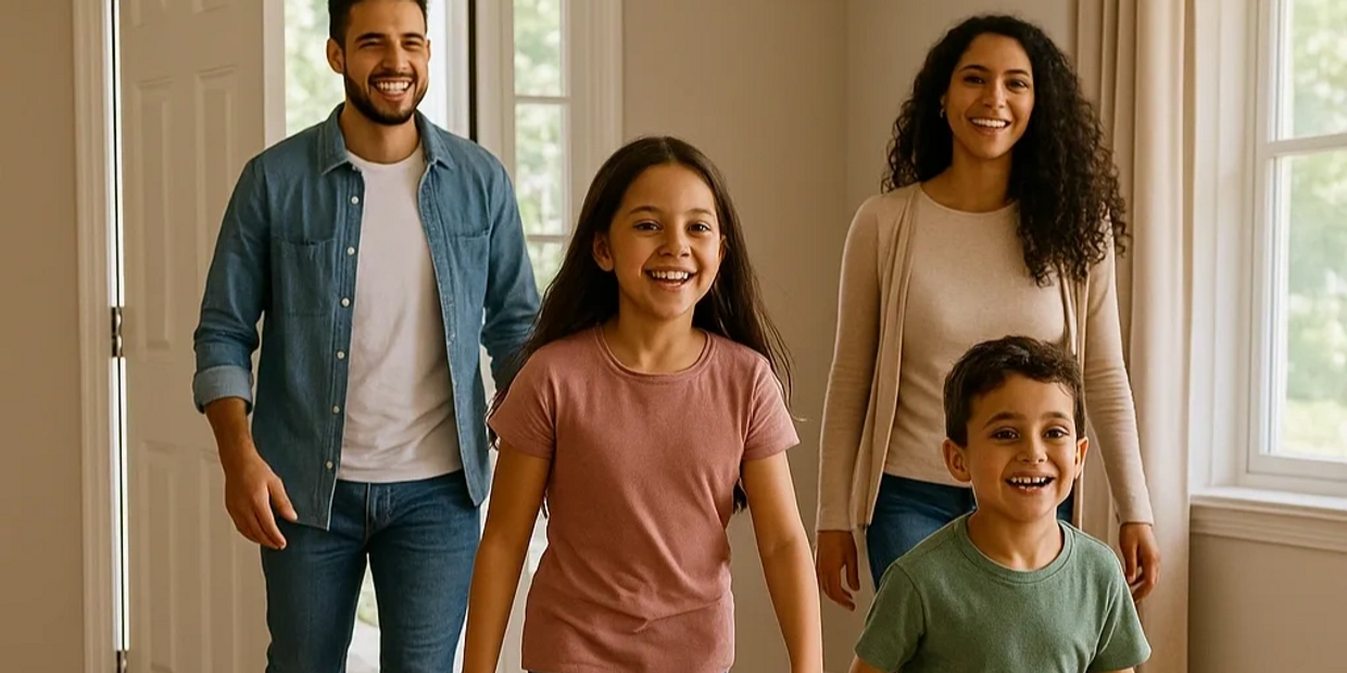 smiling family that just walked into their new home
