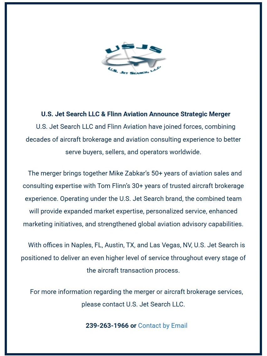 Announcement of strategic merger between U.S. Jet Search LLC and Flinn Aviation in aircraft brokerage.