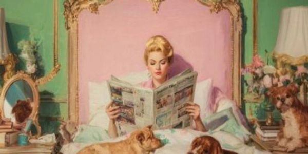 Woman reading newspaper in bed with dogs.