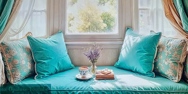 Cozy teal window seat with floral cushions and a tea set.