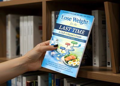 A person holding a book titled 'Lose Weight for the Last Time' in front of a bookshelf.
