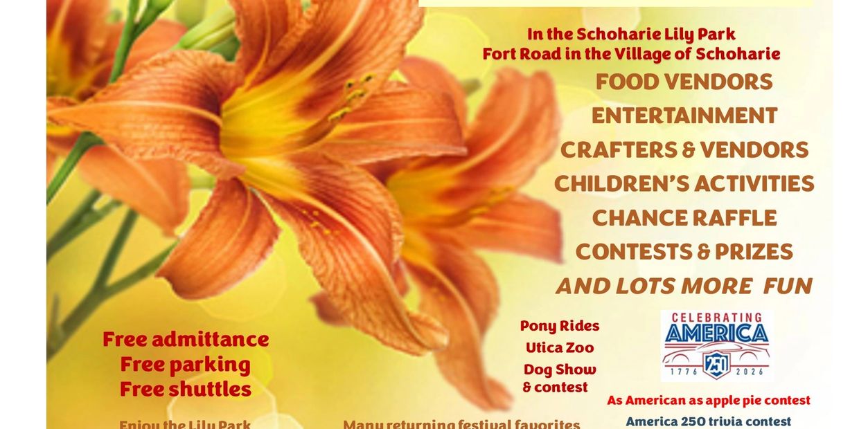 Festival flyer with orange lilies and event details at Schoharie Lily Park.