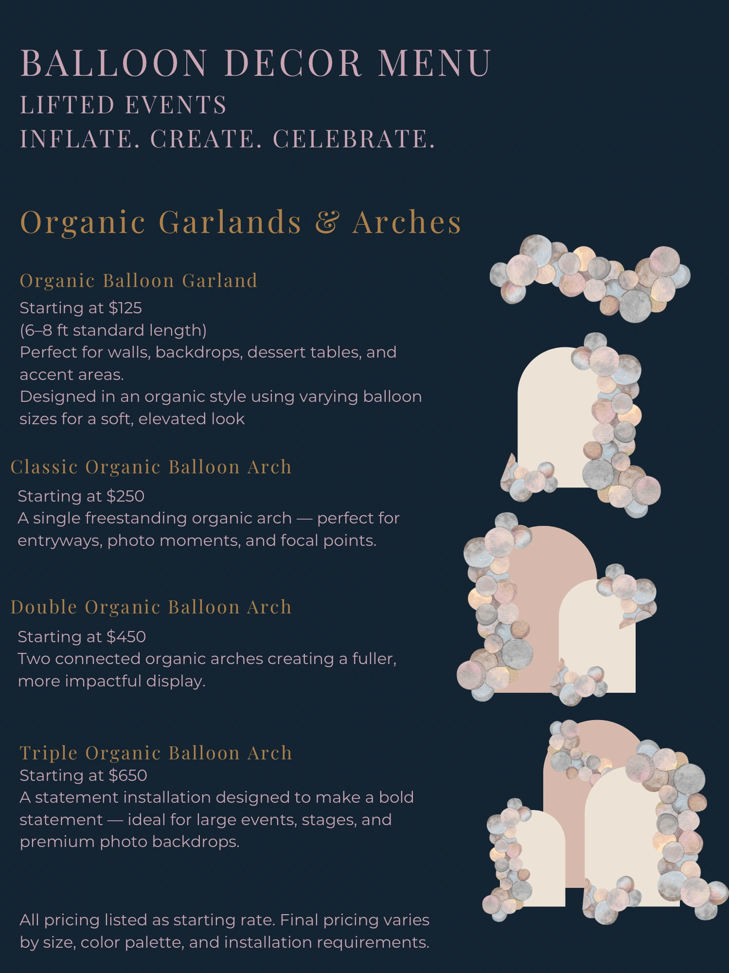 Balloon decor menu showcasing organic garlands and arches for events with pricing details.