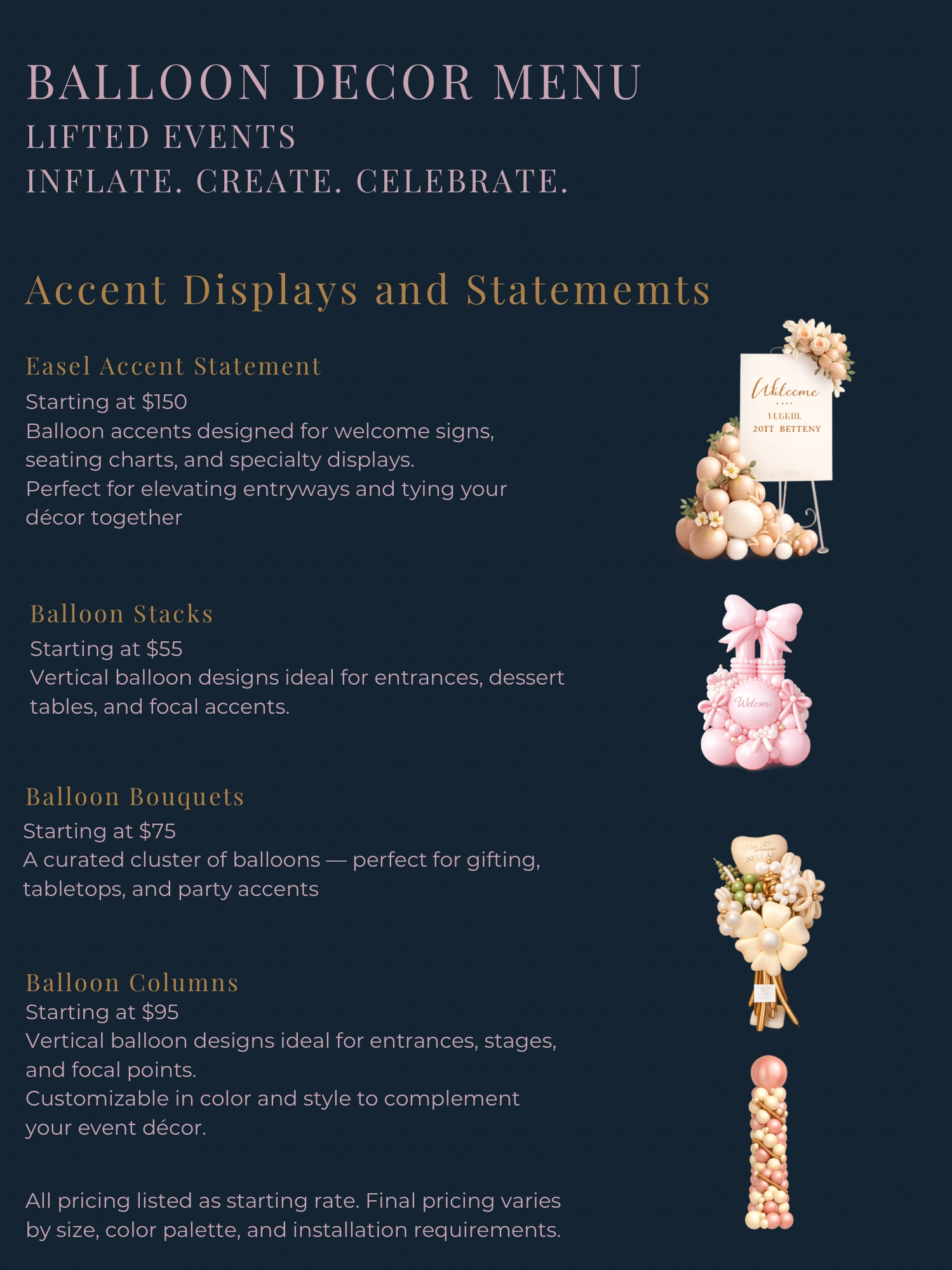 Elegant balloon decor menu with pricing and design options for events.