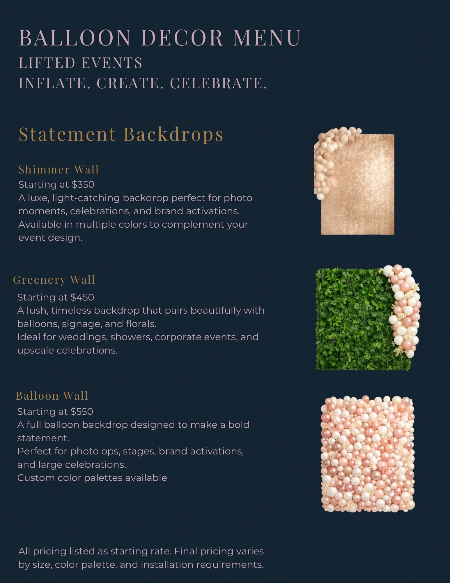 Elegant balloon decor menu featuring shimmer, greenery, and full balloon walls for upscale events.