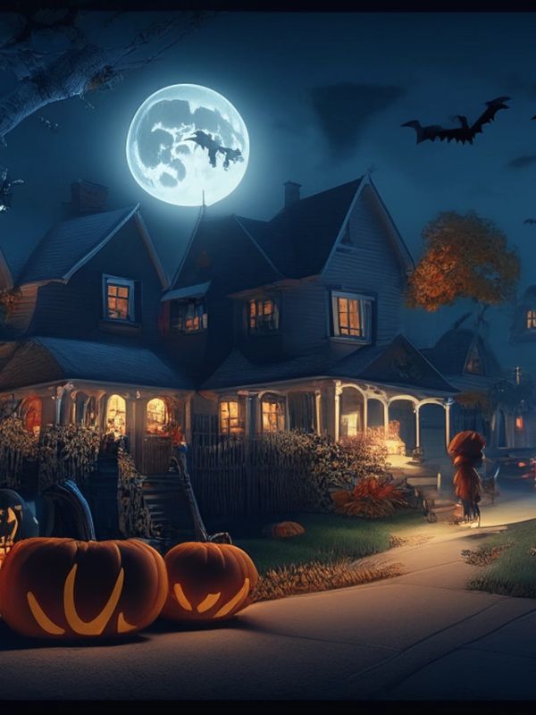 Modern house at night, with wooden appearance. Pumpkins. Sidewalk illuminated. Full moon.
