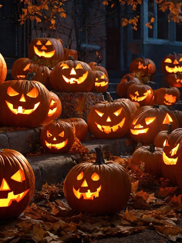 A collection of illuminated Jack-o-lanterns on steps and the sidewalk. Autumn leaves on the ground.