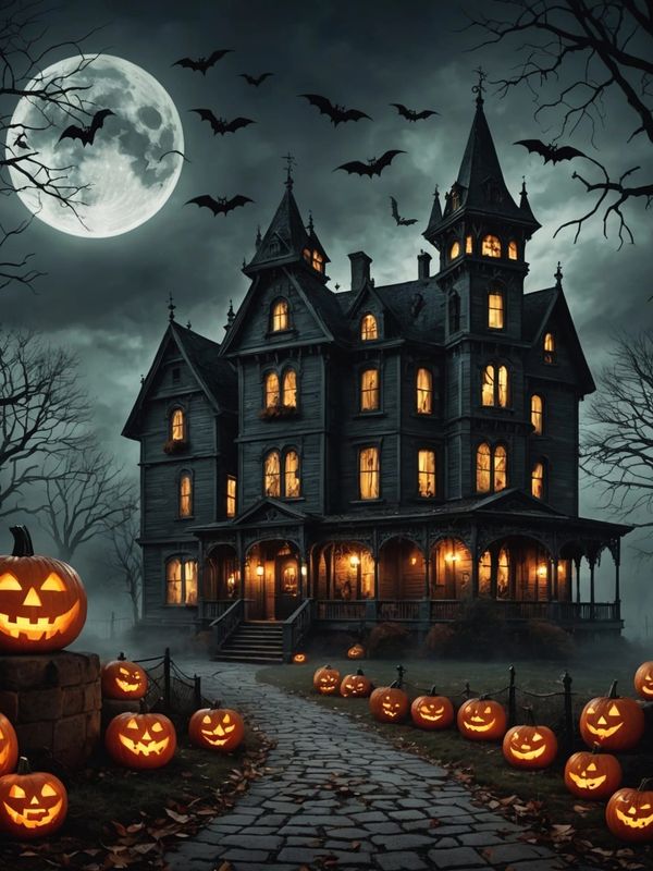 Large black wooden mansion at night. Bats in sky. Full moon. Lots of illuminated jack-o-lanterns.