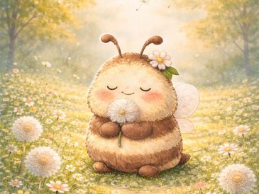 Cute cartoon bee holding a dandelion in a flower-filled meadow.